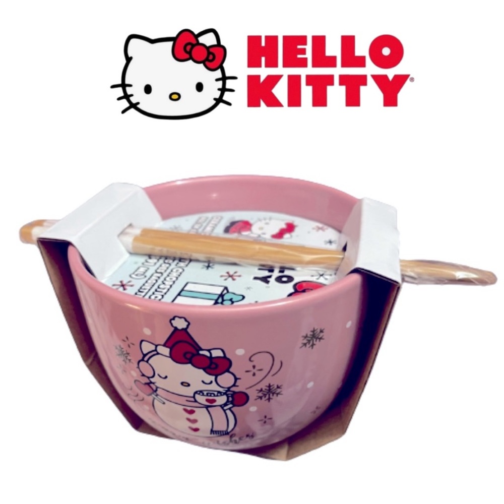 NEW LIMITED EDITION Hello Kitty Christmas Ceramic Ramen Bowl With Chopsticks